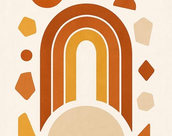 May include: Abstract art print featuring a rainbow arch in shades of orange and yellow, with a beige half-circle base. Geometric shapes, including circles and irregular polygons, are scattered around the arch on a cream background.