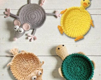 Posavasos de ganchillo con forma de ardilla, posavasos de animales, portavasos amigurumi, posavasos de animales, posavasos de tortuga, ratón, pato, ganso y rana.