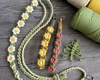 Correa de macramé para teléfono hecha a mano, correa cruzada con margaritas, correa de llavero con flores bohemias, correa ajustable para cámara, regalo para el Día de la Madre