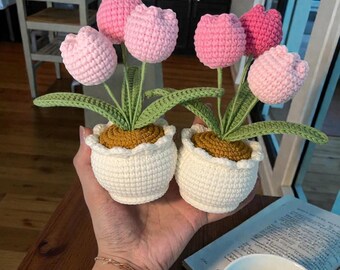 Handgemaakte gehaakte tulp en zonnebloempot, amigurumi bloempot decor, gehaakt rozentulpenboeket, kawaii cadeau voor moeder, Moederdag interieur