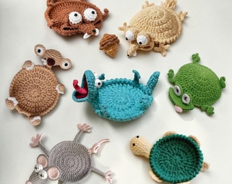 Gehaakt moktapijt met eekhoorn en hagedis, gehaakte dierenonderzetters, amigurumi-bekerhouder, schattig handgemaakte drinkmat, schildpad muis gans kikker onderzetters