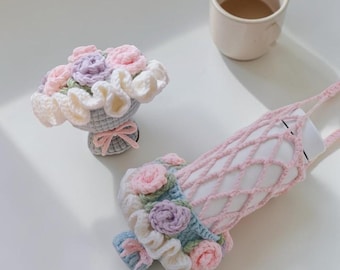 Gehaakte bloemboeket bidonhouder tas, bloemen flessendrager met bedel, draagbare hangende flessentas, leuk handgemaakt cadeau voor moeder