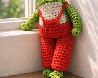 Leuke handgemaakte gehaakte kikker knuffel met overall, schattige dierentashanger, cadeau kikkerliefhebbers, handgemaakt cadeau, gehaakte langbenige kikker sleutelhanger