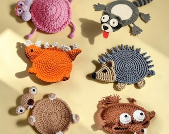 Posavasos de ganchillo con diseño de ardilla y perezoso / Alfombrilla para taza con diseño de animal divertido / Portavasos personalizado con diseño de animal / Posavasos con diseño de rana, tortuga y dinosaurio / Regalo para amantes de los animales