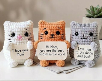 Positieve gehaakte kat sleutelhanger, handgemaakte emotionele steun cadeau, gehaakte emotionele steun dier, denken aan je cadeau, Moederdagcadeau