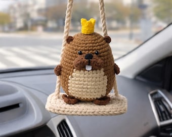 Leuke bever auto charme, gehaakte bever opknoping, grappige autohanger voor achteruitkijkspiegel, schattige dierenauto decor, handgemaakte amigurumi bever cadeau