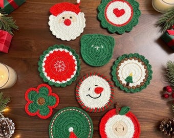 Posavasos de Papá Noel tejido a mano a crochet / ¡Compra 2 y llévate 1 gratis! / Decoración navideña a crochet / Tapete para taza, regalo hecho a mano a crochet, juego de decoración navideña a crochet
