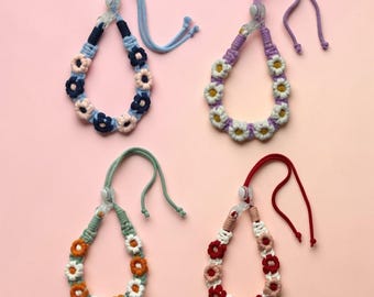 Portabotellas de macramé con margaritas, bolsa para botella con flores estilo boho, correa portabotellas hecha a mano, bonito portavasos, regalo para ella.