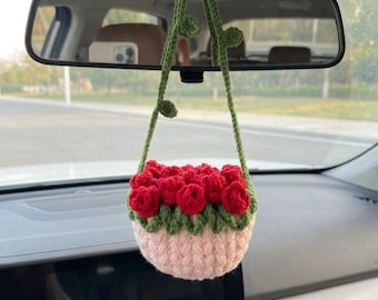 Gehaakte roos auto hangend decor, handgemaakte auto spiegelbedel, minibloem hangend zakje, tasje met trekkoord, autodecor, bloemen minnaar cadeau