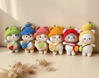 Llavero de gato frutal de ganchillo, lindo gato amigurumi, gato kawaii de ganchillo, peluche de gato hecho a mano, mini llavero de gato, animal frutal de ganchillo, lindo regalo