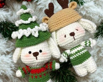 Set de conejito navideño de ganchillo hecho a mano / Papá Noel, reno y conejito del árbol / Llavero amigurumi de ganchillo, regalo navideño de ganchillo, llavero de conejito