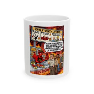 May include: A white ceramic mug featuring a colorful cartoon illustration of a devil working at a counter in a fiery kitchen. The graphic includes text reading "SPEND ETERNITY OPTIONS" and "WELCOME TO HELL'S KITCHEN" with various characters in a line.