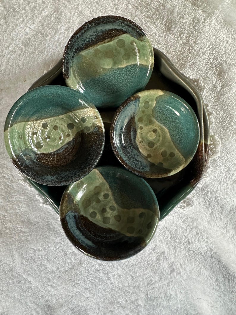 Soy sauce 4 piece dish set, Blue-green Coastal theme Designs, Ceramic Soy Sauce Dishes - Set of 4, Handmade Ceramics, unique handmade
