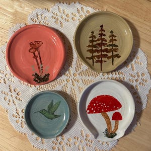 Handmade Ceramic Spoon Rest: Mushrooms, Hummingbird, or Pinetrees, Cottagecore and Woodland Kitchen Decor