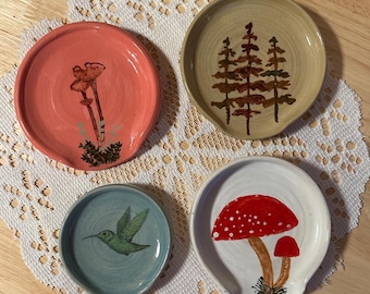 Handmade Ceramic Spoon Rest: Mushrooms, Hummingbird, or Pinetrees, Cottagecore and Woodland Kitchen Decor