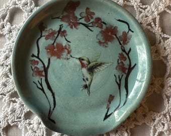 Handmade Ceramic Spoon Rest: Hummingbird Cottagecore, Kitchen decor