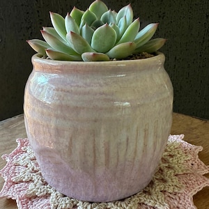 Pode incluir: Uma suculenta verde-clara com folhas pontiagudas de pontas avermelhadas, plantada num vaso de cerâmica arredondado de cor rosa-pálido com um acabamento brilhante e manchado. O vaso repousa sobre um tapete de croché em forma de estrela.