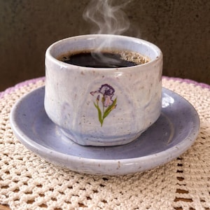 Lavender Iris Espresso Cup and Saucer Set, Speckled Stoneware Pottery Gift
