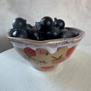 May include: A speckled ceramic bowl with a hand-painted strawberry pattern on a tan base, featuring a white glazed rim that drips down the sides. The bowl is filled with a cluster of dark, round, smooth berries, creating a contrast in color.