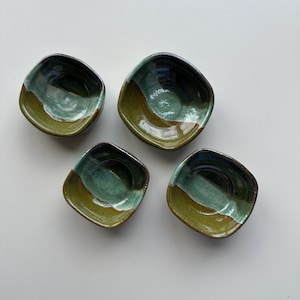 Handmade Olive Green Ceramic Soy Sauce Dishes: 4-Piece Set