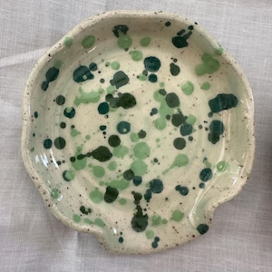 Handmade Ceramic Spoon Rests, Green speckled dots, Handthrown Pottery, Kitchen Decor, Cottagecore