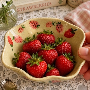 Strawberry Bowl, Handmade Ceramics, Handpainted over clay transfer, Strawberry snack dish, Cottagecore, Kitchen Decor