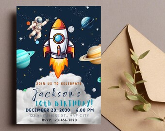 Invitación a fiesta de cumpleaños espacial, invitación de galaxia, invitación de cumpleaños espacial editable, invitación con temática de astronauta del espacio exterior
