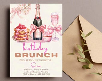 Zaproszenie na urodzinowy brunch z szampanem, elegancki róż (do pobrania cyfrowego)