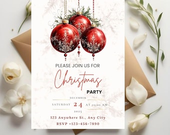 Plantilla de invitación para fiesta navideña / Invitación navideña con adorno rojo / Descarga digital para fiesta de invierno