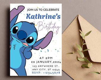 Stitch Editable Birthday Invitation Template, Digital Kids Party Invite, Printable Birthday Invitations, Digital Bday Card Invite, Stitch