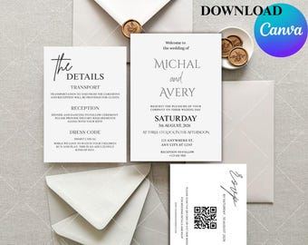 Plantillas elegantes para invitaciones de boda, paquete minimalista de Canva, invitación imprimible, paquete de invitación con código QR para RSVP.