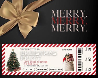 Christmas Party Ticket Template | Editable Concert Ticket | Printable Holiday Event Invite | Canva Digital Ticket | Xmas Party Invitation