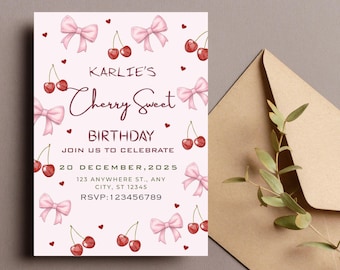 Invitación de cumpleaños con tema de cerezas, invitación con lazo de cerezas, plantilla editable de Canva, invitación personalizada, fiesta de cumpleaños de niña con temática de cerezas