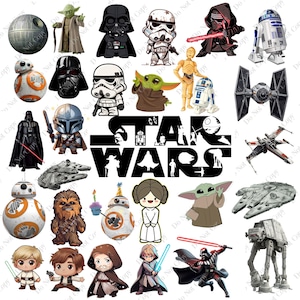 May include: A collection of Star Wars themed stickers featuring various characters and vehicles including Yoda, Darth Vader, Stormtroopers, R2-D2, BB-8, Chewbacca, Princess Leia, Luke Skywalker, Han Solo, the Millennium Falcon, and TIE fighters.