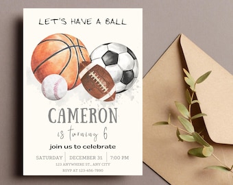 Invitación para fiesta deportiva "Vamos a tener una pelota" Béisbol Fútbol Americano Baloncesto Acuarela Invitación de cumpleaños EDITABLE DIGITAL 5x7 Imprimible