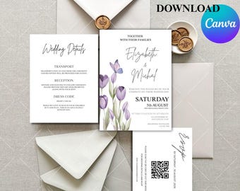 Plantilla de paquete de invitaciones de boda, conjunto de invitaciones florales, tarjeta de confirmación de asistencia, tarjeta de detalles, plantilla de Canva, elegante minimalista
