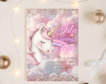 Invitación de cumpleaños de unicornio: Fiesta con brillo arcoíris pastel (Plantilla imprimible de Canva)