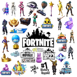 May include: A collection of Fortnite-themed stickers featuring various character skins, llamas, the battle bus, supply drops, treasure chests, and logos with text including Fortnite, Battle Royale, Victory Royale, and Happy Birthday in various colors.