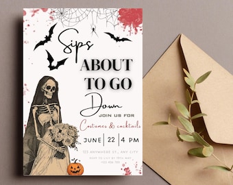 Invitación de esqueleto "Bebidas de Halloween a punto de beber", invitación para fiesta de Halloween, invitación para cócteles y disfraces, plantilla de Canva