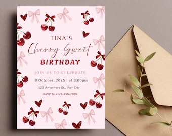 Invitación de cumpleaños con temática de cerezas, invitación de cumpleaños para niña con temática de cerezas, invitación de cumpleaños con lazo de cerezas, plantilla de Canva, invitación imprimible
