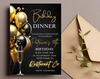 Invitación animada para cena de cumpleaños en negro y dorado, editable por Evite (descarga digital)