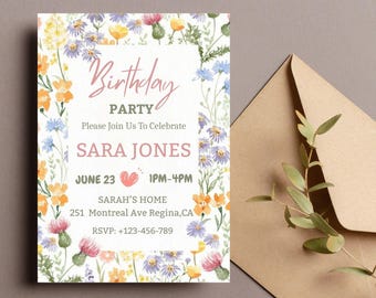 Flower Birthday Invitation, Wildflower Birthday invite, Floral Woman's Birthday Invite, CANVA EDITABLE Instant download