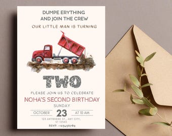 Construction Birthday Electronic Invitation,  Construction Truck Birthday E-vite,Trucks 2nd Birthday Invite, Editable Template