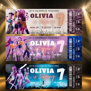 May include: Three birthday party tickets with a vibrant design. Each ticket features a group of animated figures, the name "OLIVIA", the number "7", and event details. The tickets include the text "LET'S CELEBRATE TOGETHER" and a barcode.