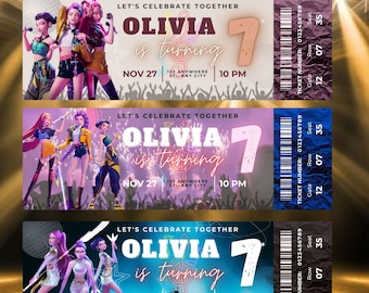 Invitación de cumpleaños editable de Demon Hunter, invitación para entradas de Kpop, pase de fiesta estilo concierto, descarga digital instantánea, 3 diseños de entradas editables