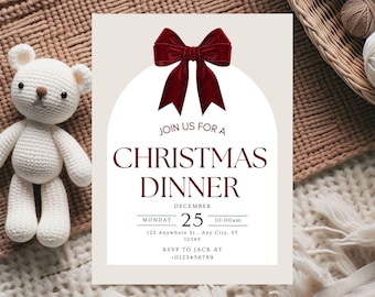Plantilla de invitación para cena navideña / Invitación para fiesta navideña con arco de lazo rojo / Tarjeta para evento navideño / Canva editable