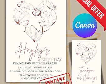 Invitación de cumpleaños editable con mariposa y corazón, invitación para fiesta de cumpleaños con mariposa rosa, cumpleaños de niña con un toque de fantasía, descarga instantánea de Canva.