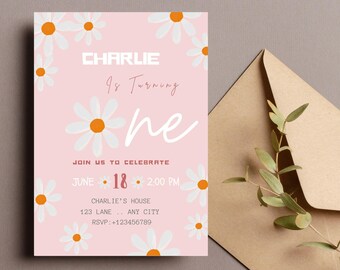 Invitación de primer cumpleaños de Daisy, flor silvestre rosa, plantilla editable (descarga digital)