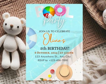 Plantilla de invitación para fiesta de cumpleaños en la piscina, celebración de cumpleaños veraniega en la piscina con lazo rosa coqueto, invitación de cumpleaños para nadar caprichosa dibujada a mano