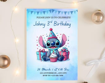Plantilla de invitación para fiesta de cumpleaños de Stitch: Plantilla editable de Evite (descarga digital, 13 x 18 cm)